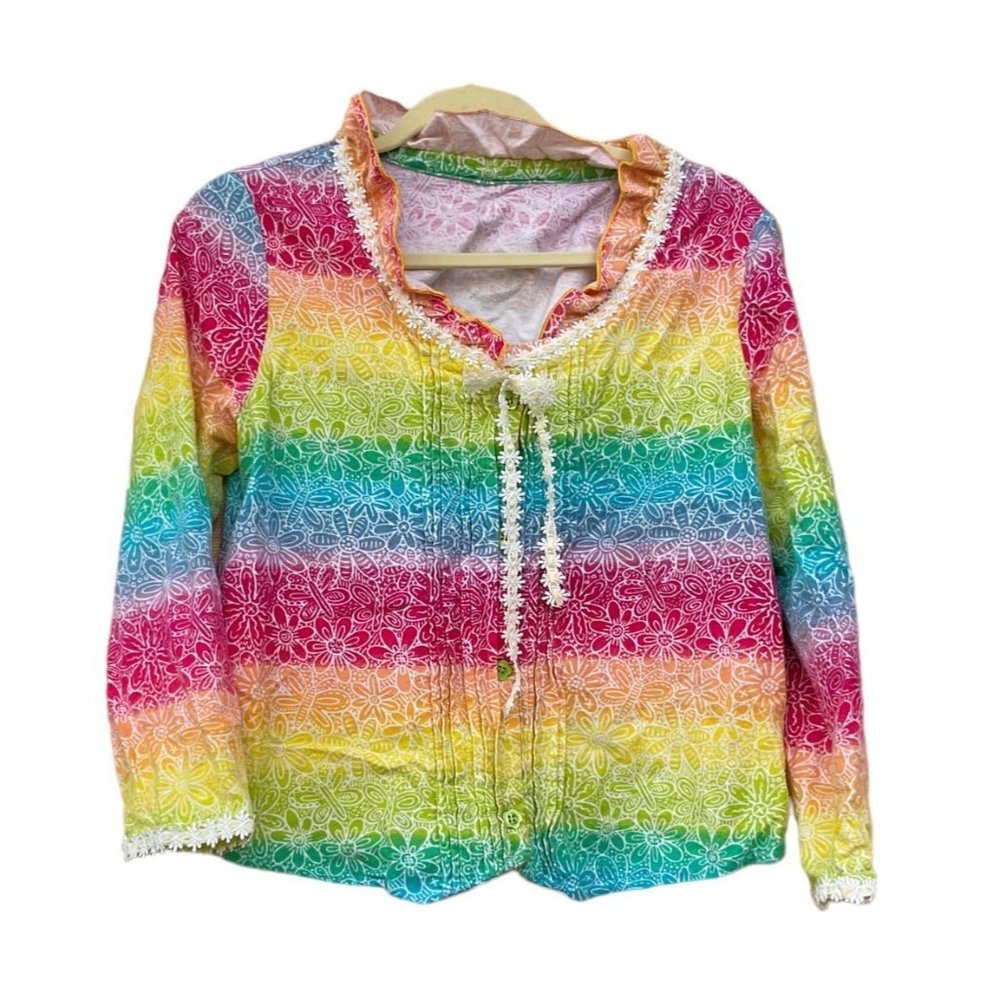 Vintage 70’s Woman’s Striped‎ Multi Color Button Front Floral Pleated Shirt